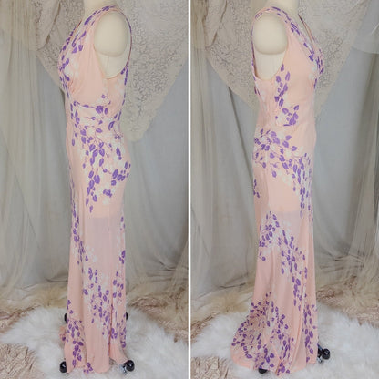 Vintage 1940's Nightgown - Sheer Baby Pink Rayon Chiffon with Violet & White Vine Print | XS, Small, Medium - Daggers & Dames