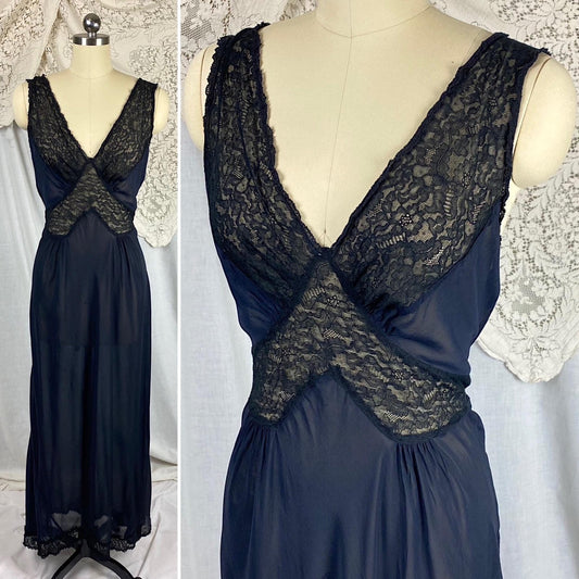 Vintage 1940's Nightgown | Sheer Black Rayon Chiffon with Cotton Lace | Size S, M | By Bennington - Daggers & Dames