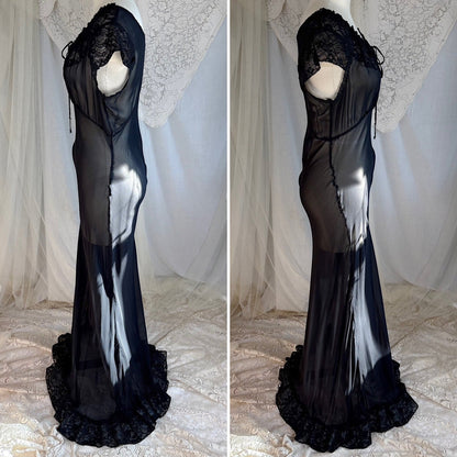Vintage 1940's Nightgown - Sheer Black Rayon Chiffon with Ruffled Flamenco Hem - by Eastern Isle - Daggers & Dames