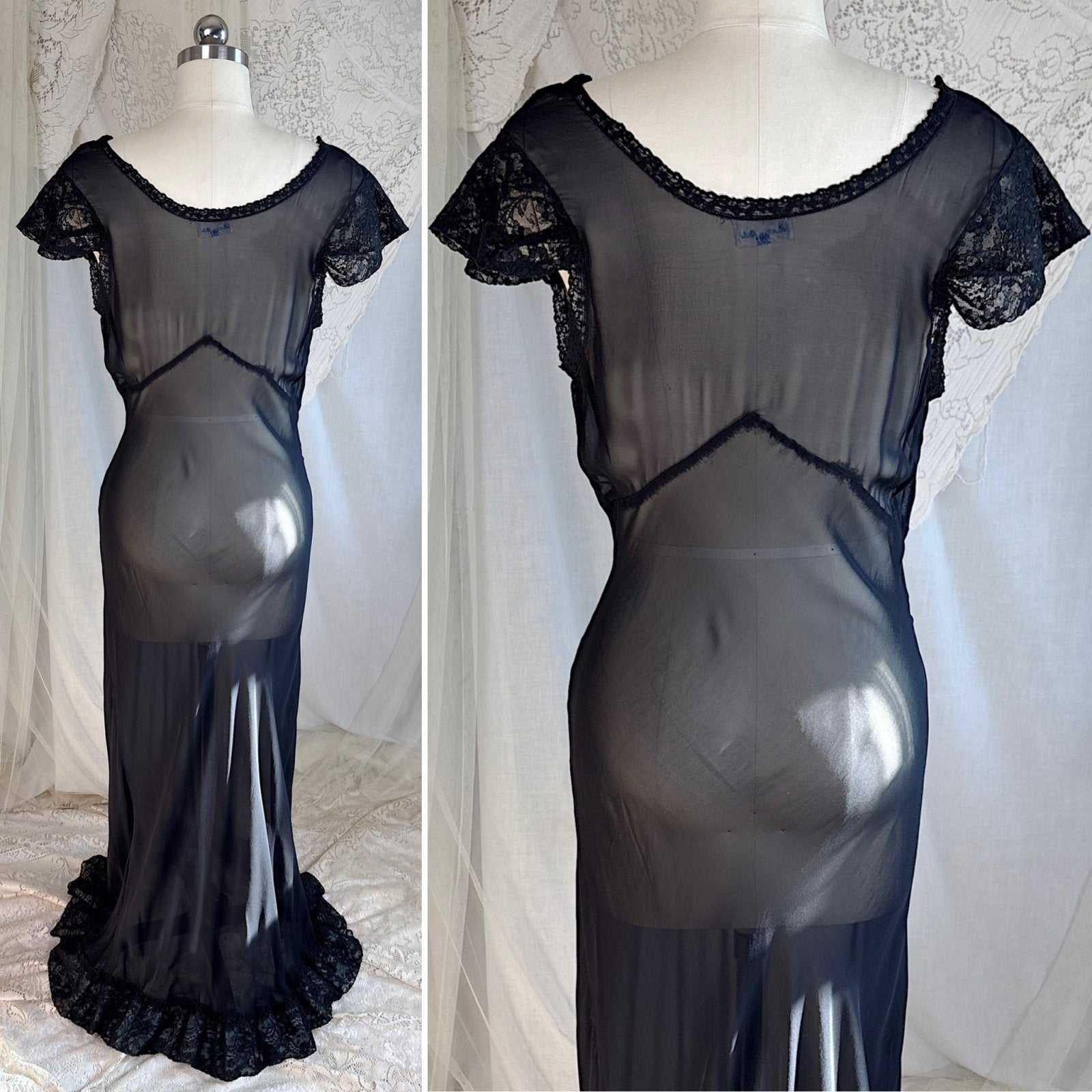 Vintage 1940's Nightgown - Sheer Black Rayon Chiffon with Ruffled Flamenco Hem - by Eastern Isle - Daggers & Dames