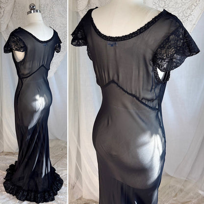 Vintage 1940's Nightgown - Sheer Black Rayon Chiffon with Ruffled Flamenco Hem - by Eastern Isle - Daggers & Dames