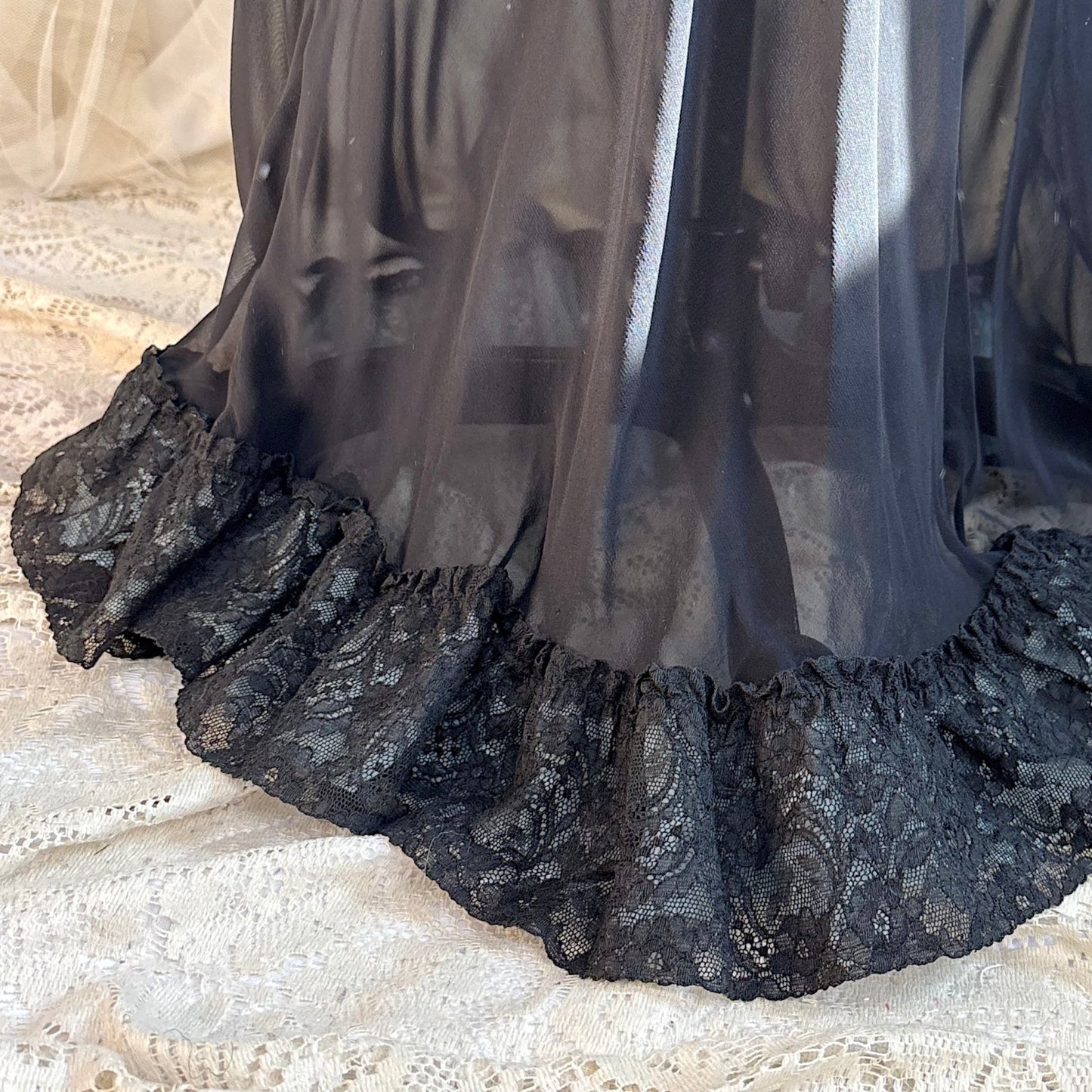 Vintage 1940's Nightgown - Sheer Black Rayon Chiffon with Ruffled Flamenco Hem - by Eastern Isle - Daggers & Dames