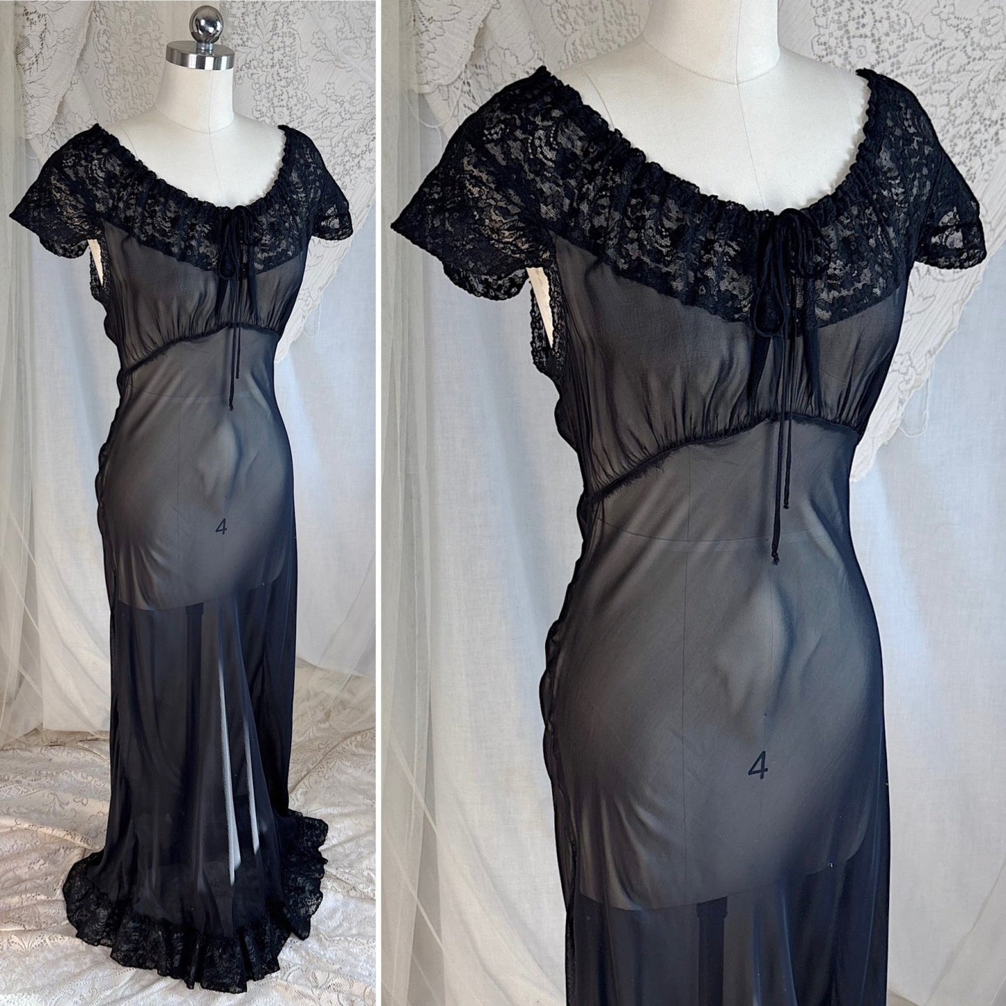 Vintage 1940's Nightgown - Sheer Black Rayon Chiffon with Ruffled Flamenco Hem - by Eastern Isle - Daggers & Dames