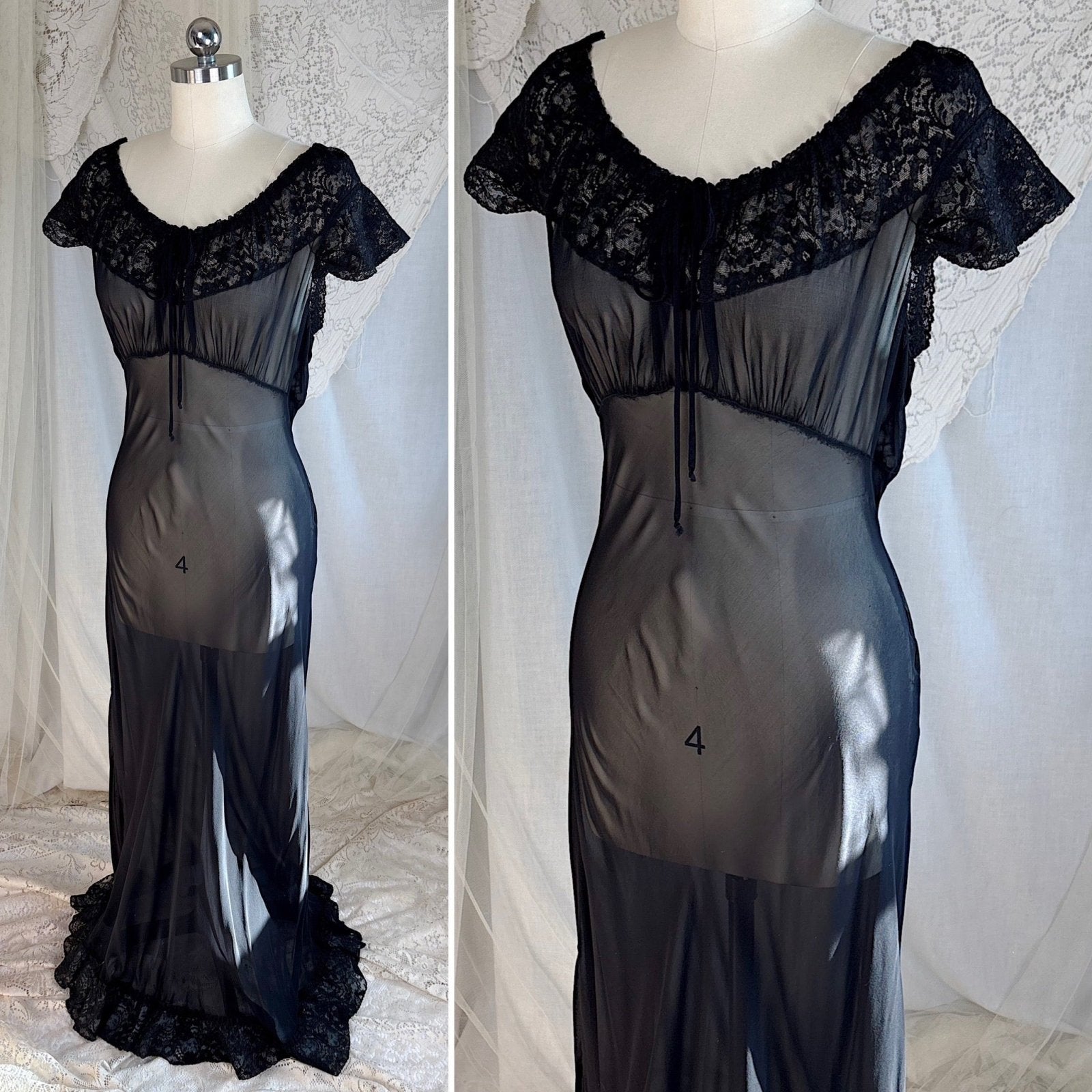 Vintage 1940's Nightgown - Sheer Black Rayon Chiffon with Ruffled Flamenco Hem - by Eastern Isle - Daggers & Dames