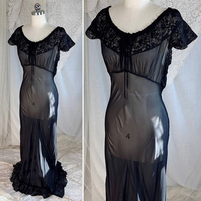 Vintage 1940's Nightgown - Sheer Black Rayon Chiffon with Ruffled Flamenco Hem - by Eastern Isle - Daggers & Dames