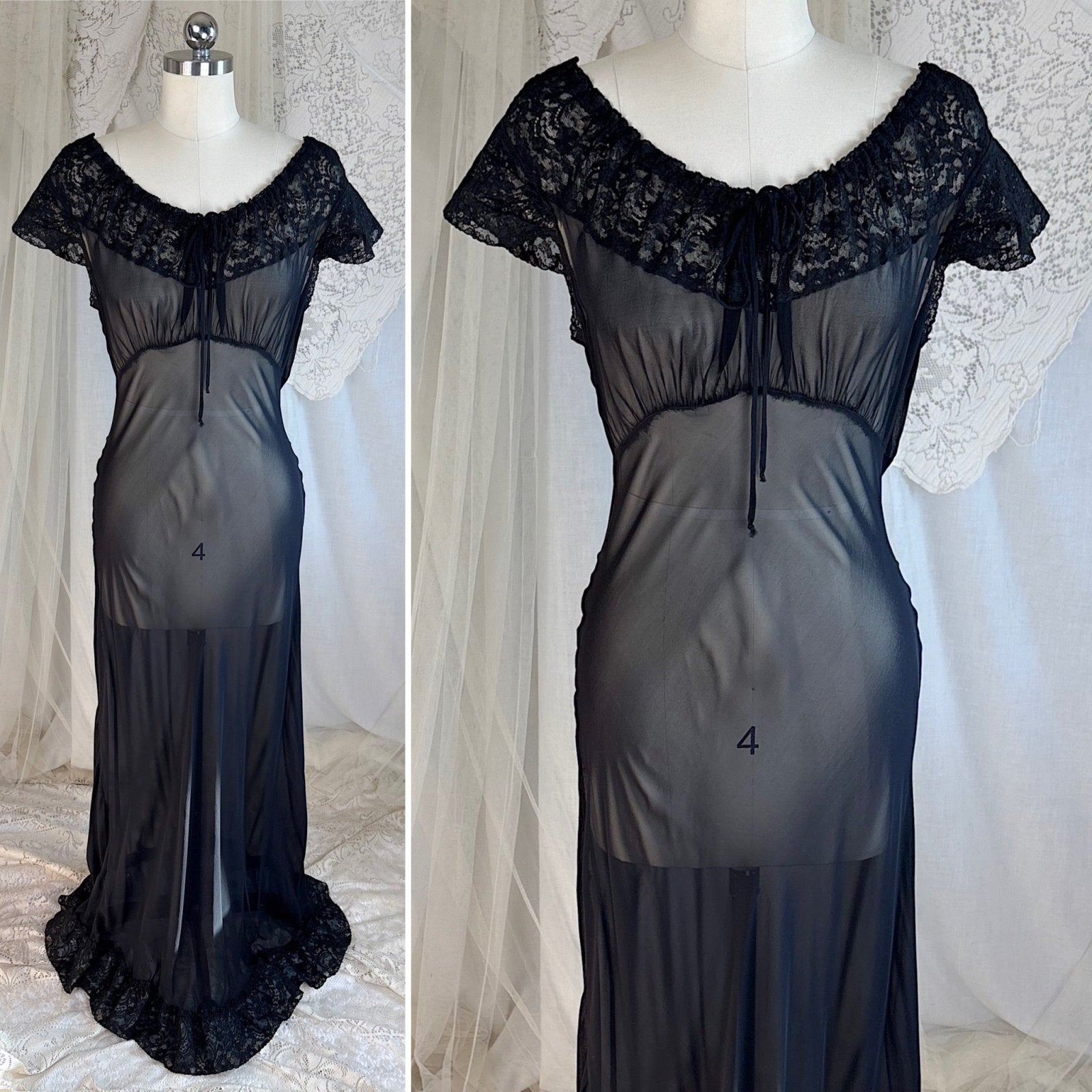 Vintage 1940's Nightgown - Sheer Black Rayon Chiffon with Ruffled Flamenco Hem - by Eastern Isle - Daggers & Dames