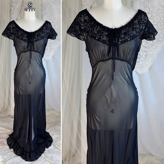 Vintage 1940's Nightgown - Sheer Black Rayon Chiffon with Ruffled Flamenco Hem - by Eastern Isle - Daggers & Dames
