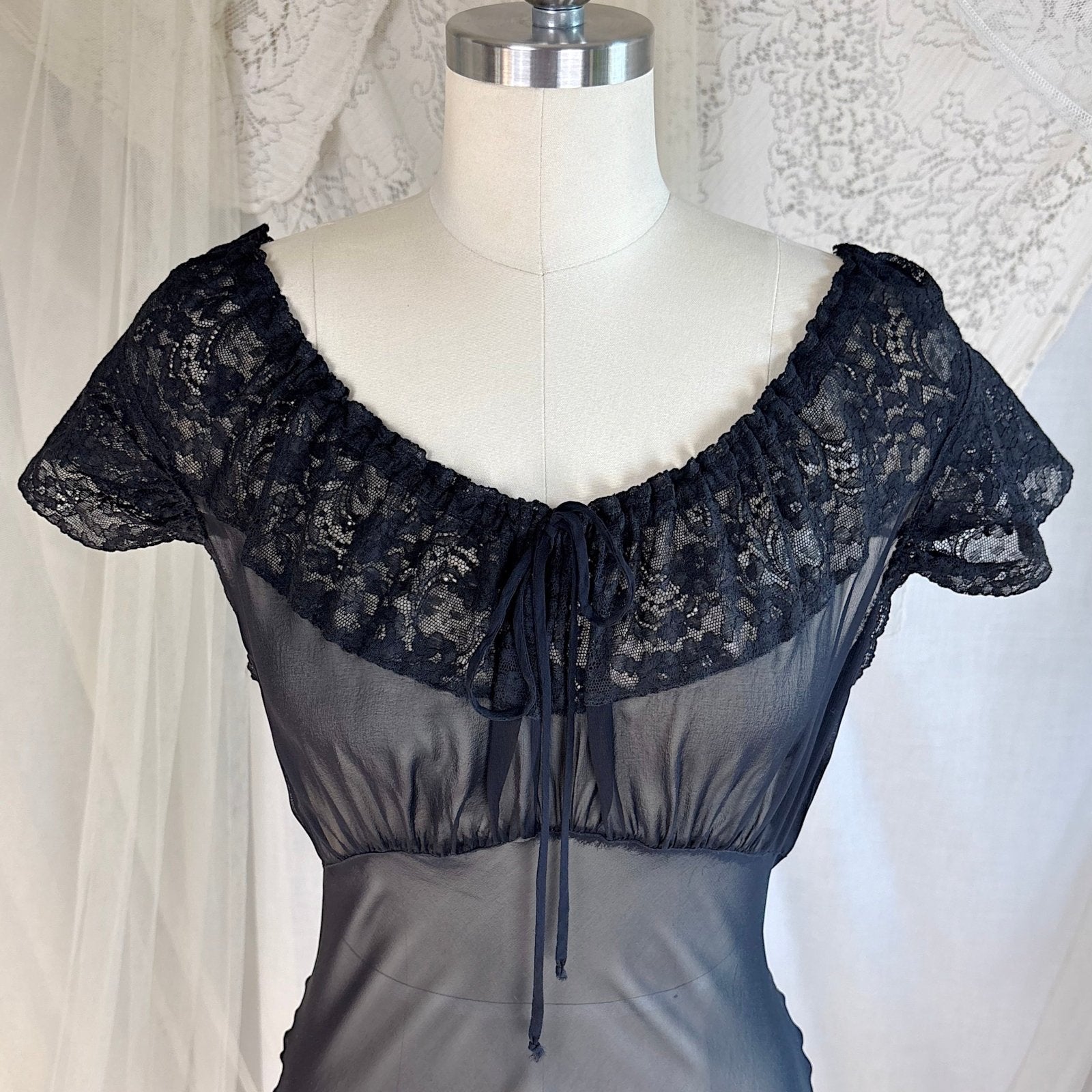 Vintage 1940's Nightgown - Sheer Black Rayon Chiffon with Ruffled Flamenco Hem - by Eastern Isle - Daggers & Dames