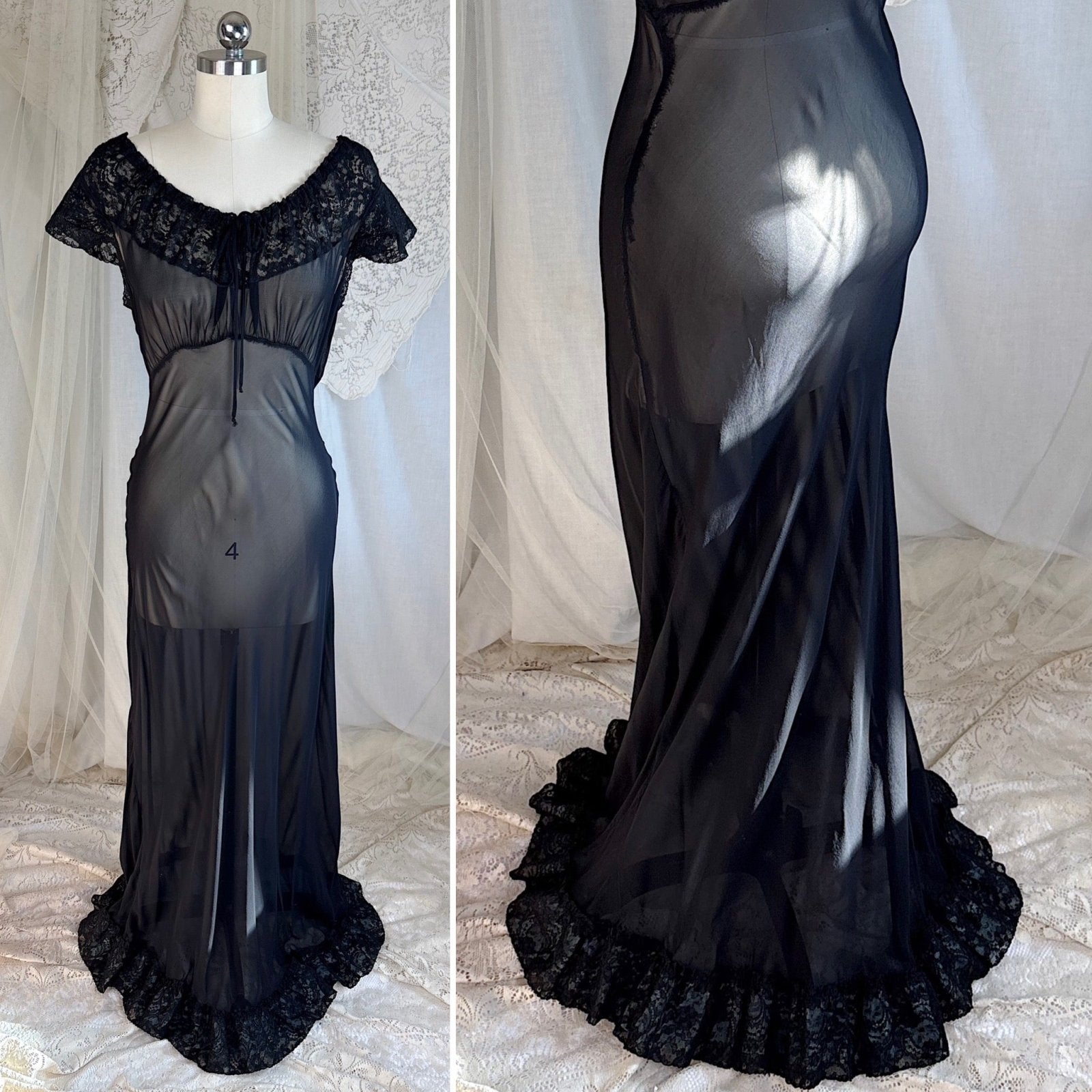 Vintage 1940's Nightgown - Sheer Black Rayon Chiffon with Ruffled Flamenco Hem - by Eastern Isle - Daggers & Dames