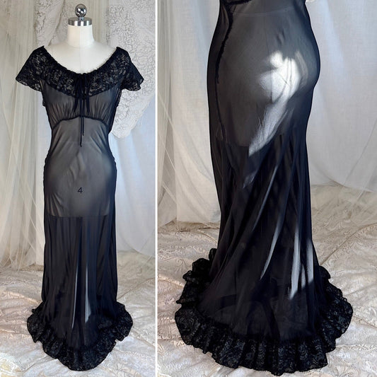 Vintage 1940's Nightgown - Sheer Black Rayon Chiffon with Ruffled Flamenco Hem - by Eastern Isle - Daggers & Dames