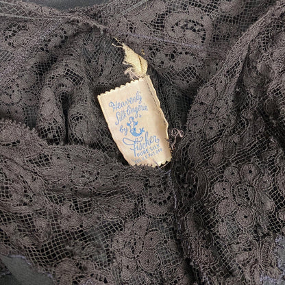 Vintage 1940's Nightgown | Sheer Black Silk Chiffon with Intricate Cotton Floral Lace | Size S | Fischer Heavenly Lingerie - Mermaid Label - Daggers & Dames