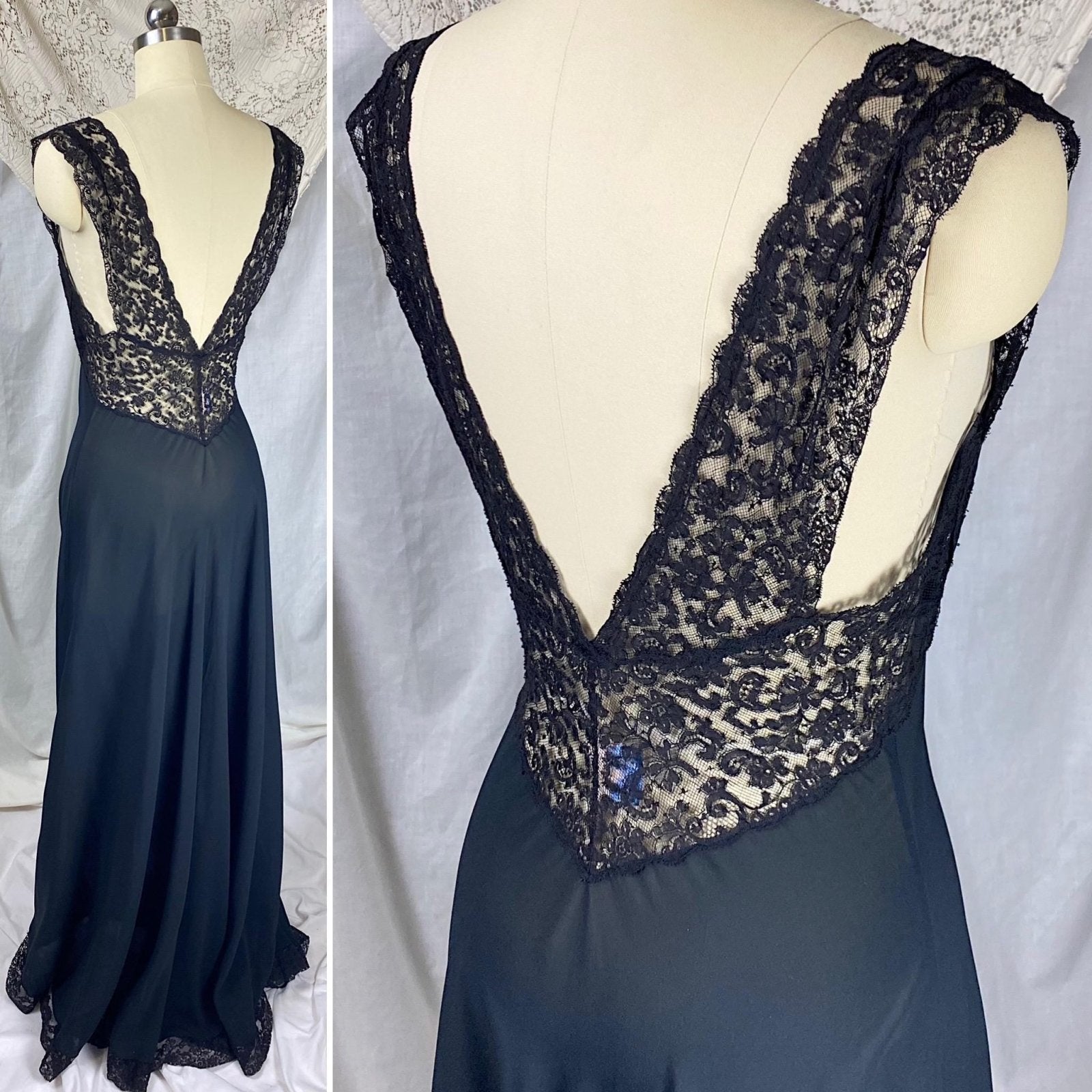 Vintage 1940's Nightgown | Sheer Black Silk Chiffon with Intricate Cotton Floral Lace | Size S | Fischer Heavenly Lingerie - Mermaid Label - Daggers & Dames