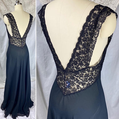 Vintage 1940's Nightgown | Sheer Black Silk Chiffon with Intricate Cotton Floral Lace | Size S | Fischer Heavenly Lingerie - Mermaid Label - Daggers & Dames
