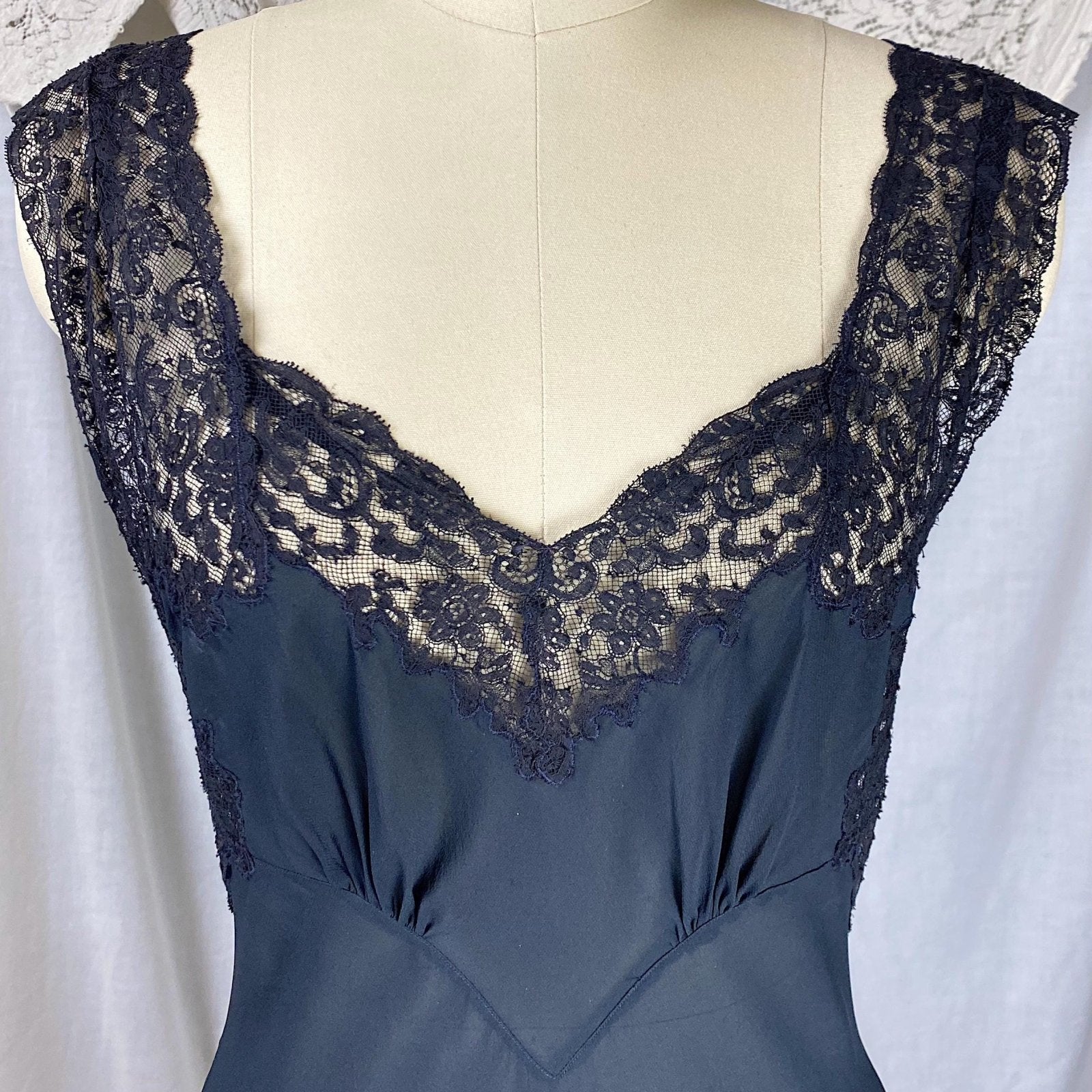 Vintage 1940's Nightgown | Sheer Black Silk Chiffon with Intricate Cotton Floral Lace | Size S | Fischer Heavenly Lingerie - Mermaid Label - Daggers & Dames