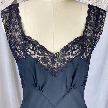 Vintage 1940's Nightgown | Sheer Black Silk Chiffon with Intricate Cotton Floral Lace | Size S | Fischer Heavenly Lingerie - Mermaid Label - Daggers & Dames