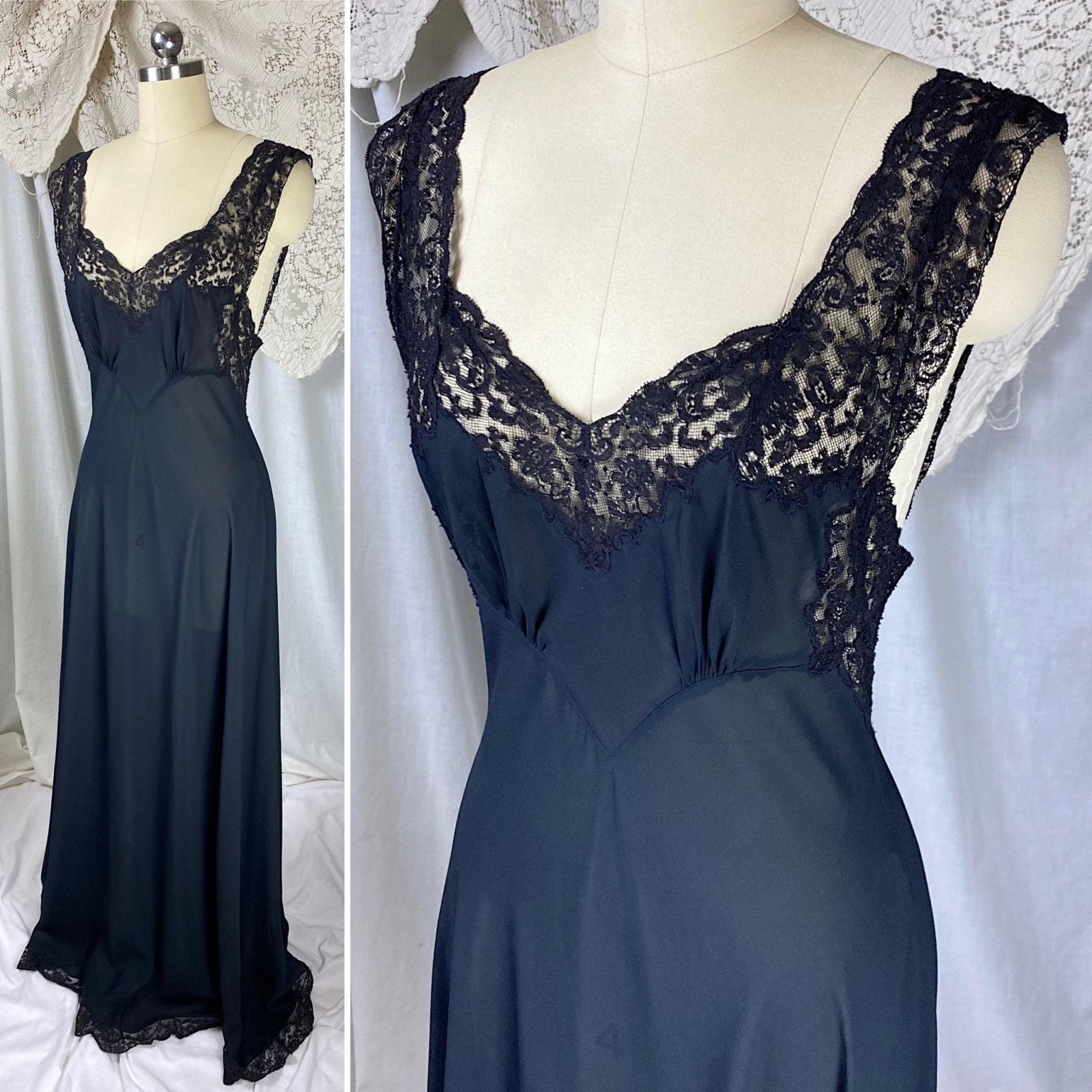 Vintage 1940's Nightgown | Sheer Black Silk Chiffon with Intricate Cotton Floral Lace | Size S | Fischer Heavenly Lingerie - Mermaid Label - Daggers & Dames