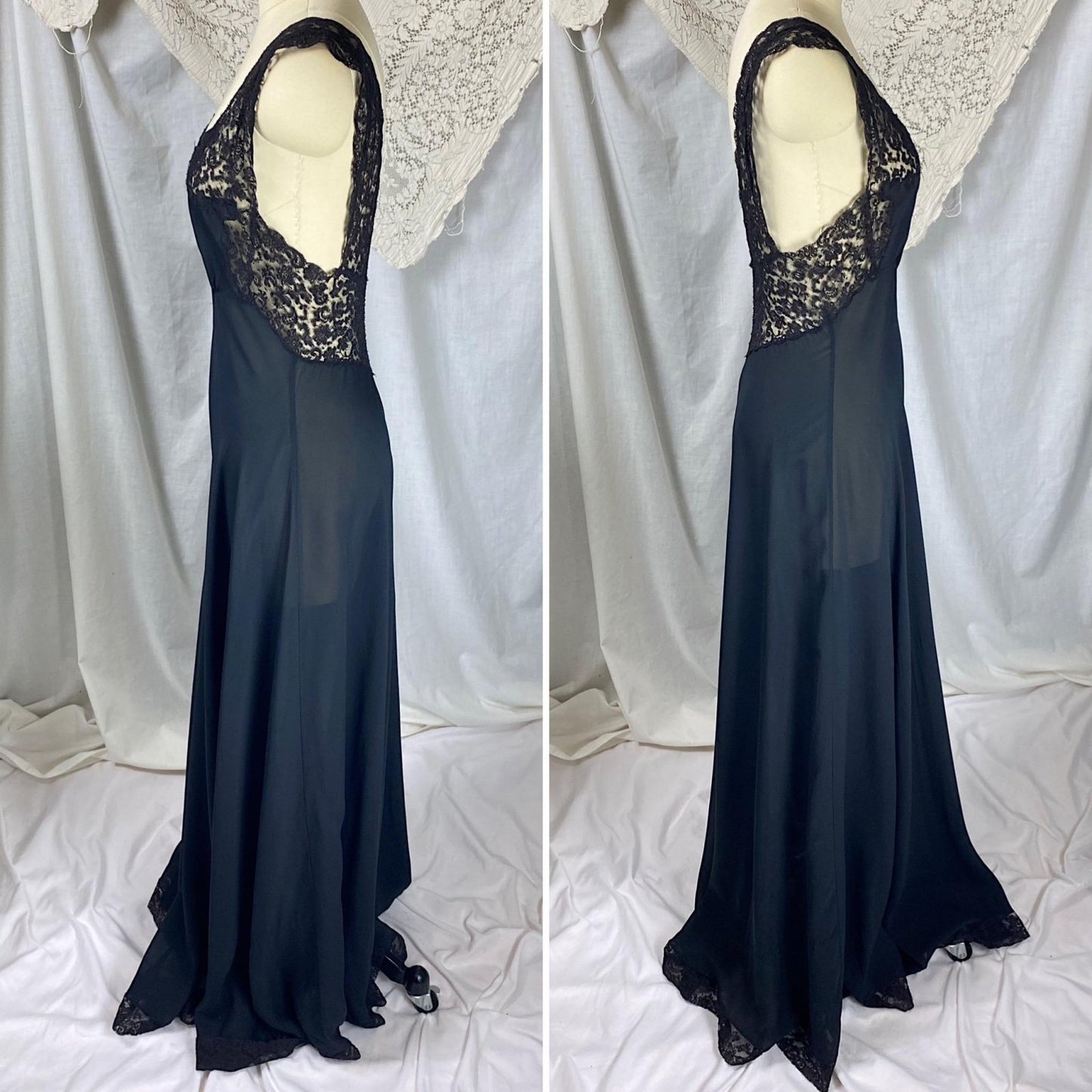 Vintage 1940's Nightgown | Sheer Black Silk Chiffon with Intricate Cotton Floral Lace | Size S | Fischer Heavenly Lingerie - Mermaid Label - Daggers & Dames