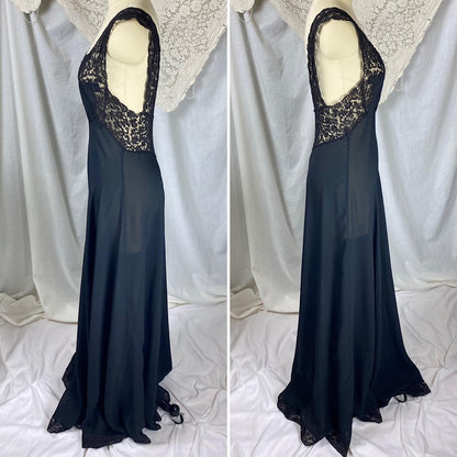 Vintage 1940's Nightgown | Sheer Black Silk Chiffon with Intricate Cotton Floral Lace | Size S | Fischer Heavenly Lingerie - Mermaid Label - Daggers & Dames