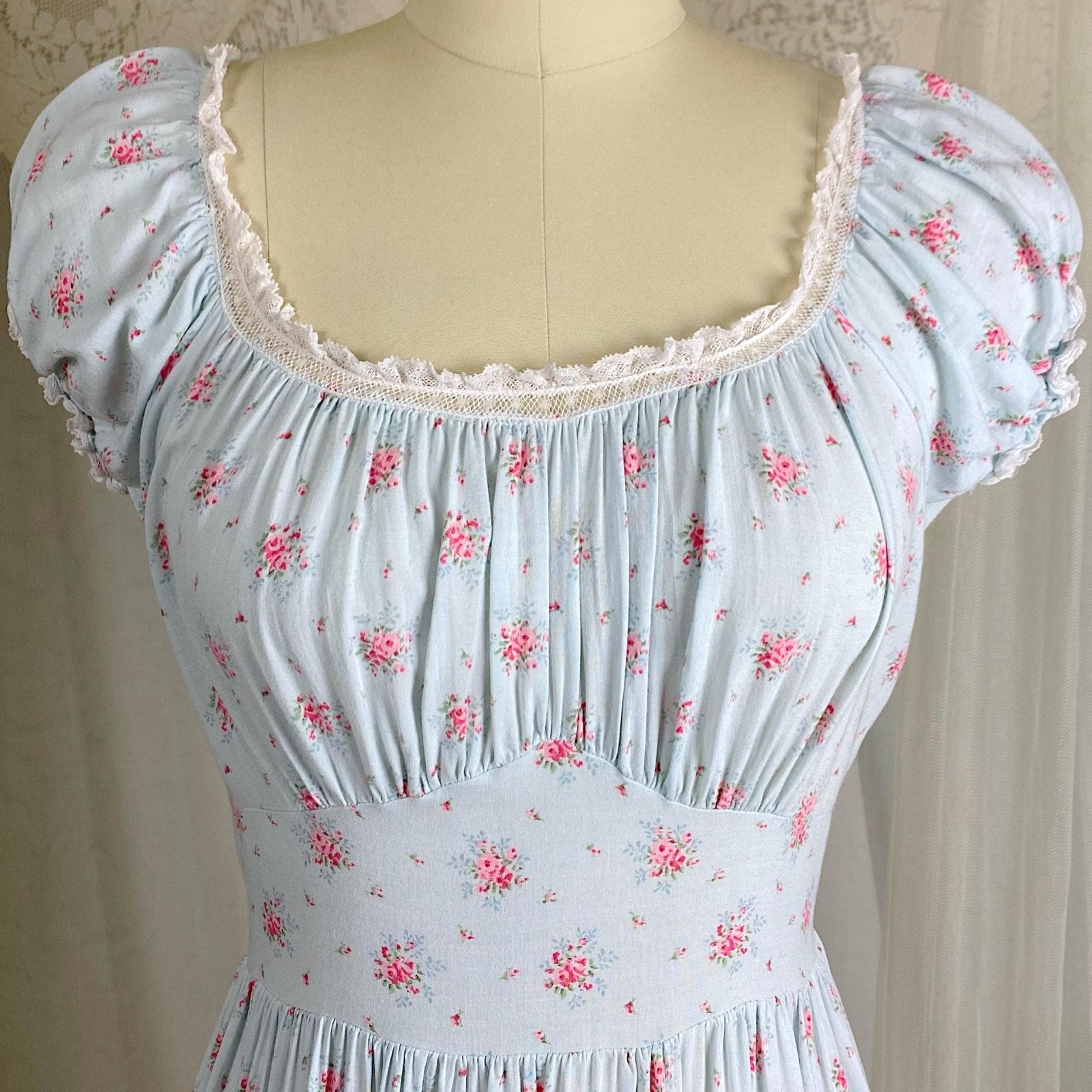 Vintage 1940's Nightgown | Sky Blue Cotton Linen with Ditsy Floral Pattern & White Bobbin Lace - Size S, M - By Lady Leonora - Daggers & Dames