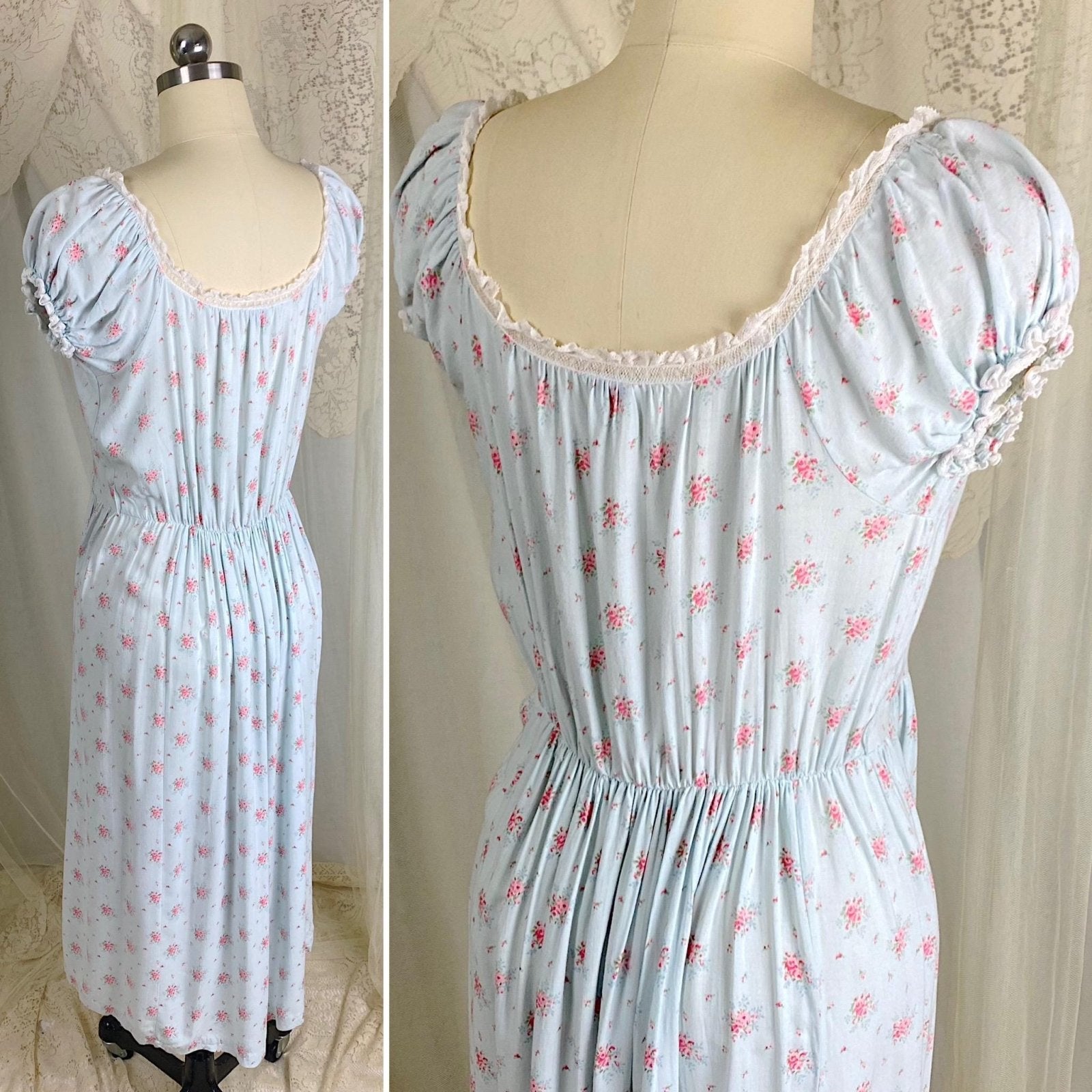 Vintage 1940's Nightgown | Sky Blue Cotton Linen with Ditsy Floral Pattern & White Bobbin Lace - Size S, M - By Lady Leonora - Daggers & Dames
