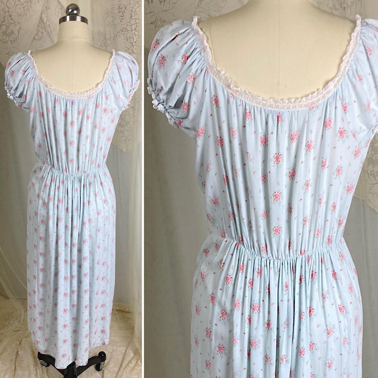 Vintage 1940's Nightgown | Sky Blue Cotton Linen with Ditsy Floral Pattern & White Bobbin Lace - Size S, M - By Lady Leonora - Daggers & Dames