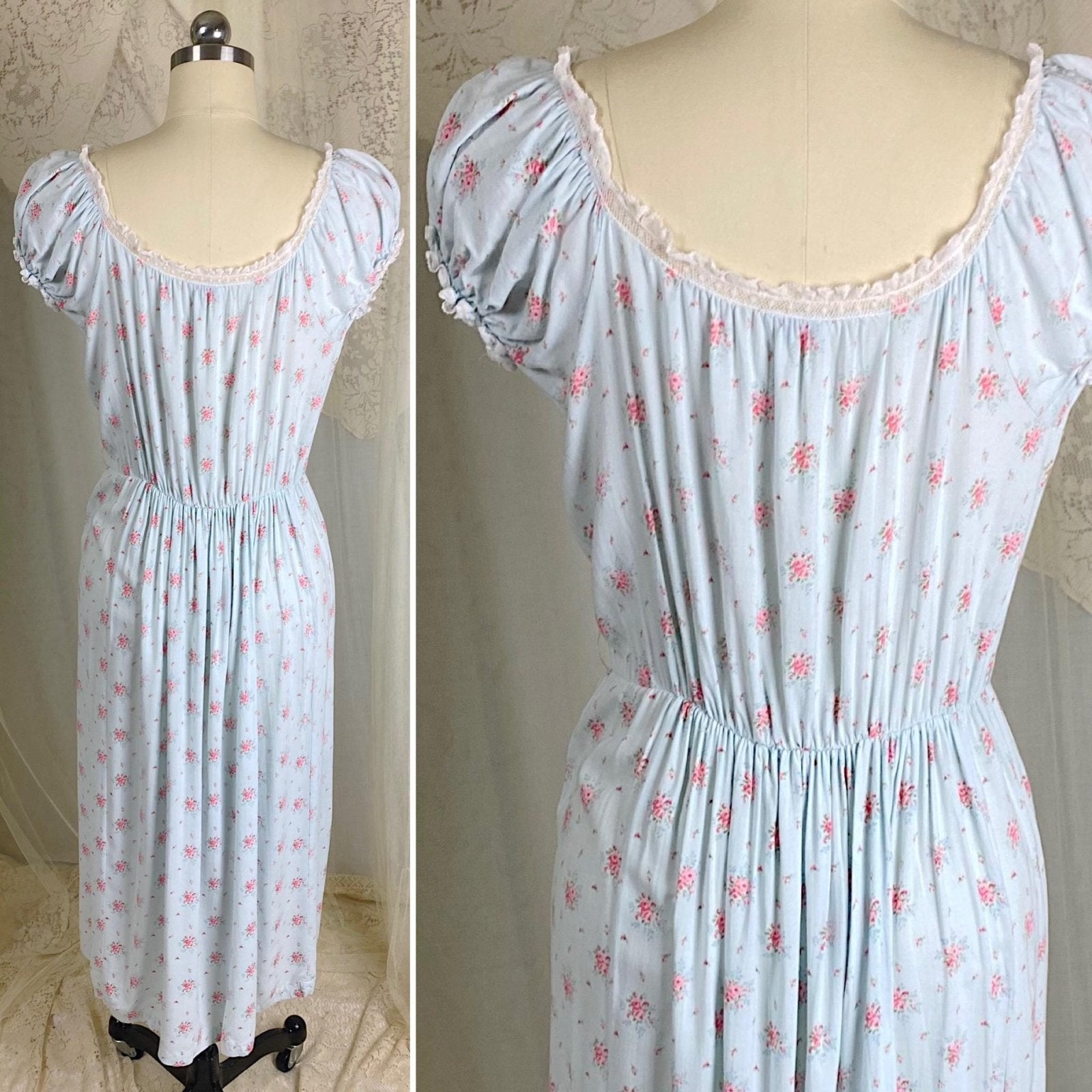 Vintage 1940's Nightgown | Sky Blue Cotton Linen with Ditsy Floral Pattern & White Bobbin Lace - Size S, M - By Lady Leonora - Daggers & Dames