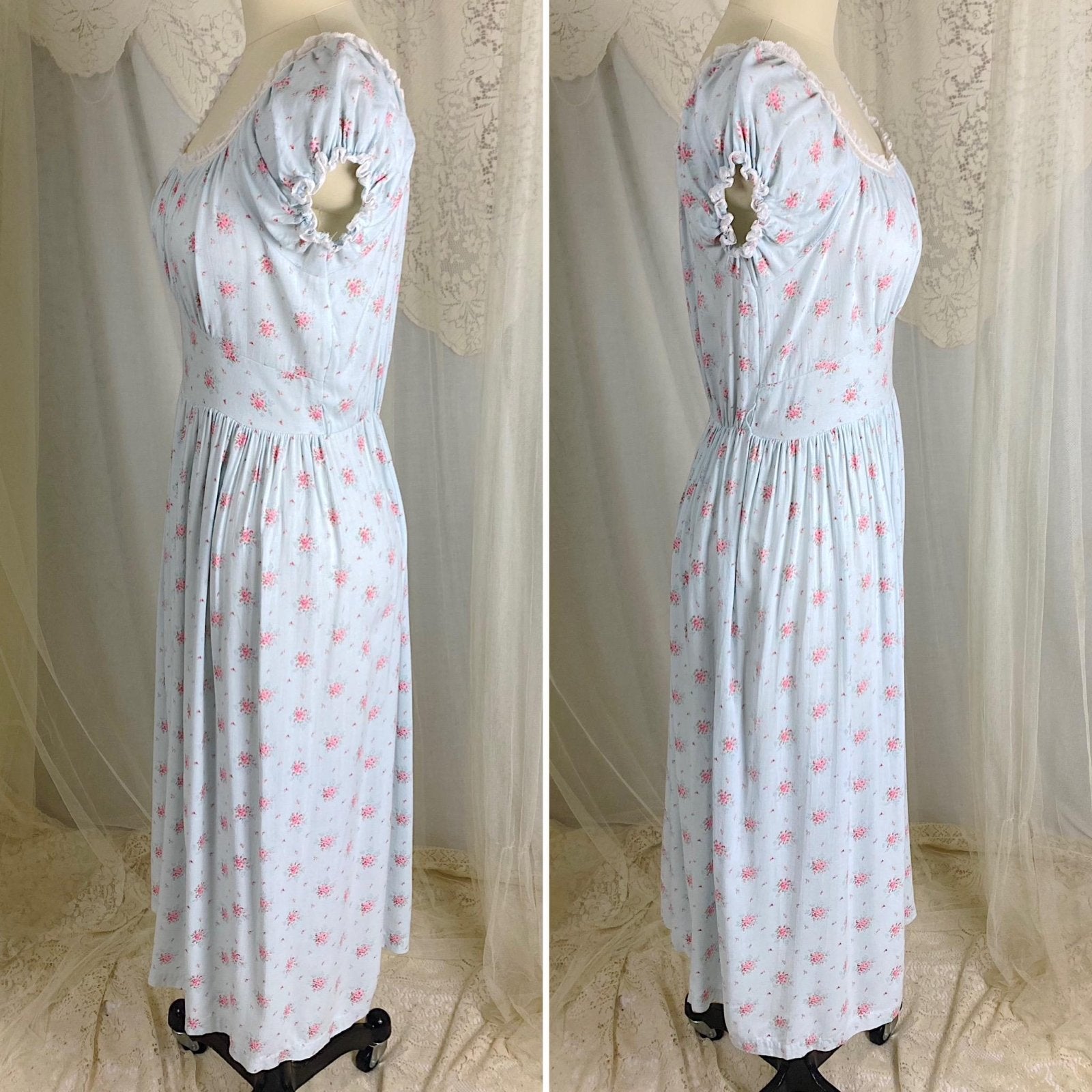 Vintage 1940's Nightgown | Sky Blue Cotton Linen with Ditsy Floral Pattern & White Bobbin Lace - Size S, M - By Lady Leonora - Daggers & Dames