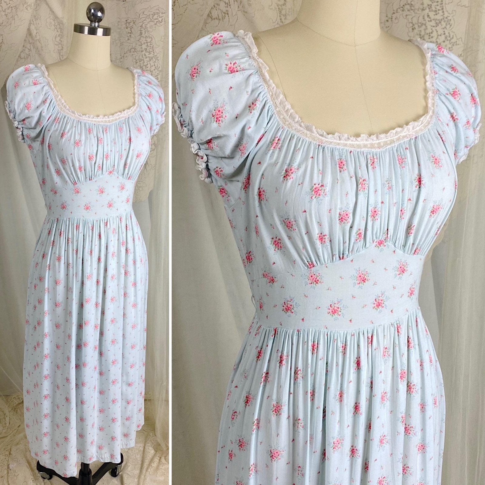 Vintage 1940's Nightgown | Sky Blue Cotton Linen with Ditsy Floral Pattern & White Bobbin Lace - Size S, M - By Lady Leonora - Daggers & Dames