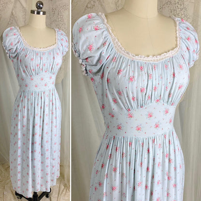 Vintage 1940's Nightgown | Sky Blue Cotton Linen with Ditsy Floral Pattern & White Bobbin Lace - Size S, M - By Lady Leonora - Daggers & Dames