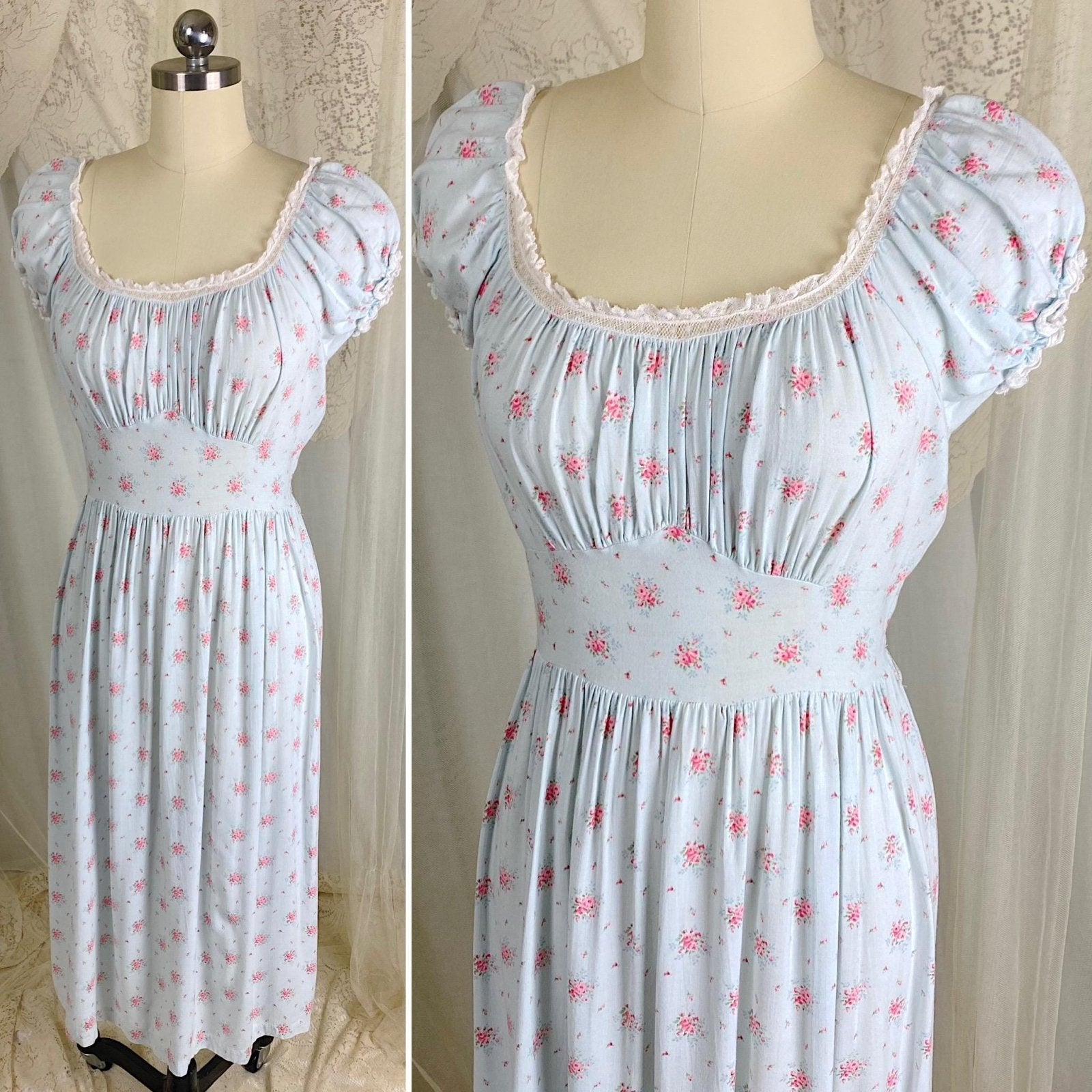 Vintage 1940's Nightgown | Sky Blue Cotton Linen with Ditsy Floral Pattern & White Bobbin Lace - Size S, M - By Lady Leonora - Daggers & Dames