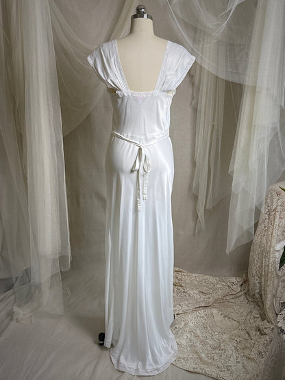 Vintage 1940's Nightgown - Summer White Rayon Satin with Cotton lace & Floral Appliqués by Lady Duff | S, M - Daggers & Dames