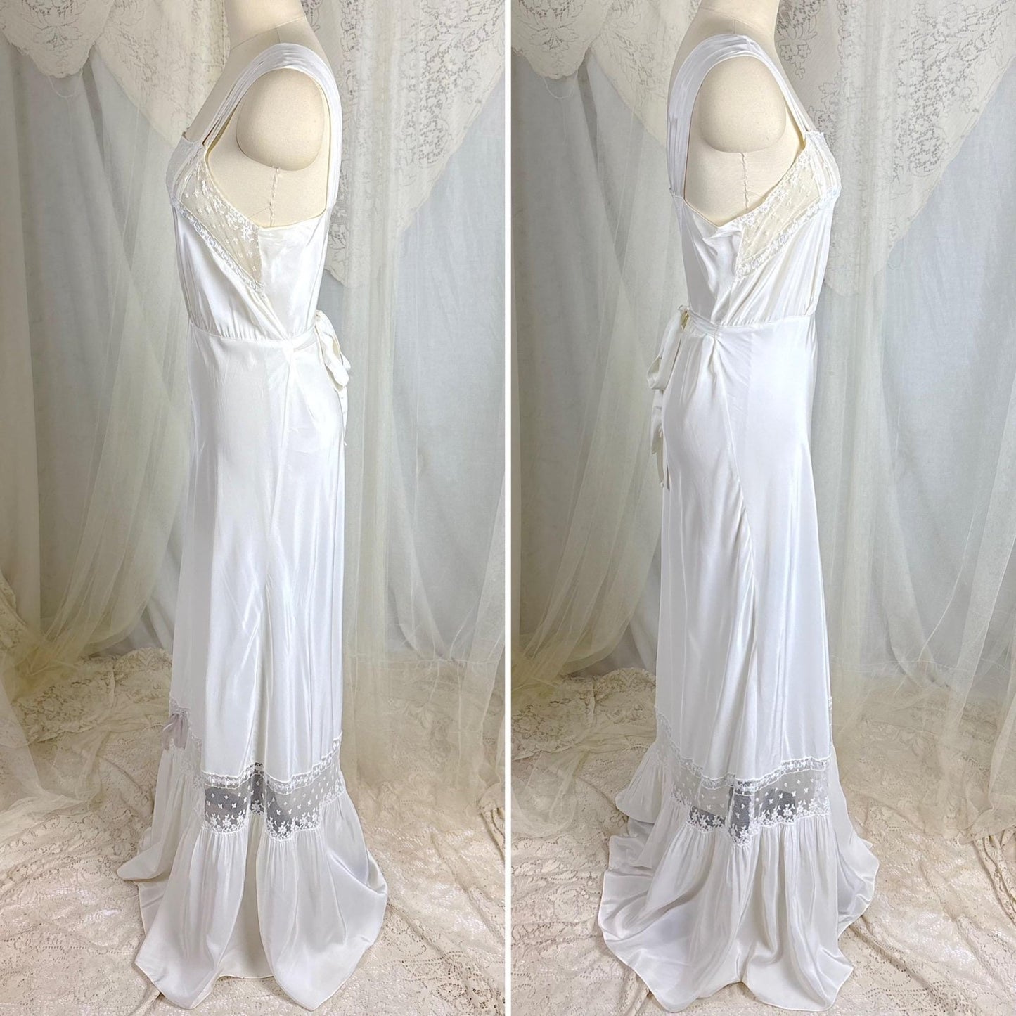 Vintage 1940's Nightgown - White Rayon with Embroidered Tulle & Woven Blue Satin Ribbon - Size S, M - By Aristocraft - Daggers & Dames