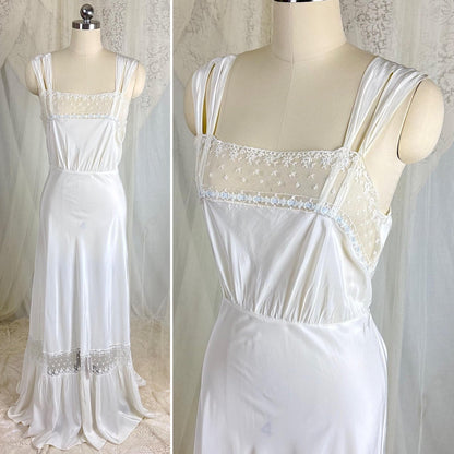 Vintage 1940's Nightgown - White Rayon with Embroidered Tulle & Woven Blue Satin Ribbon - Size S, M - By Aristocraft - Daggers & Dames