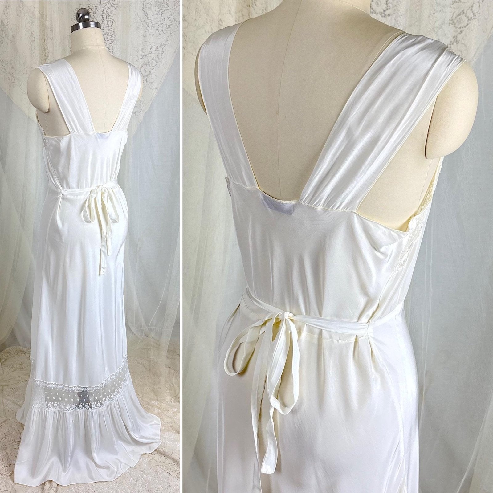 Vintage 1940's Nightgown - White Rayon with Embroidered Tulle & Woven Blue Satin Ribbon - Size S, M - By Aristocraft - Daggers & Dames