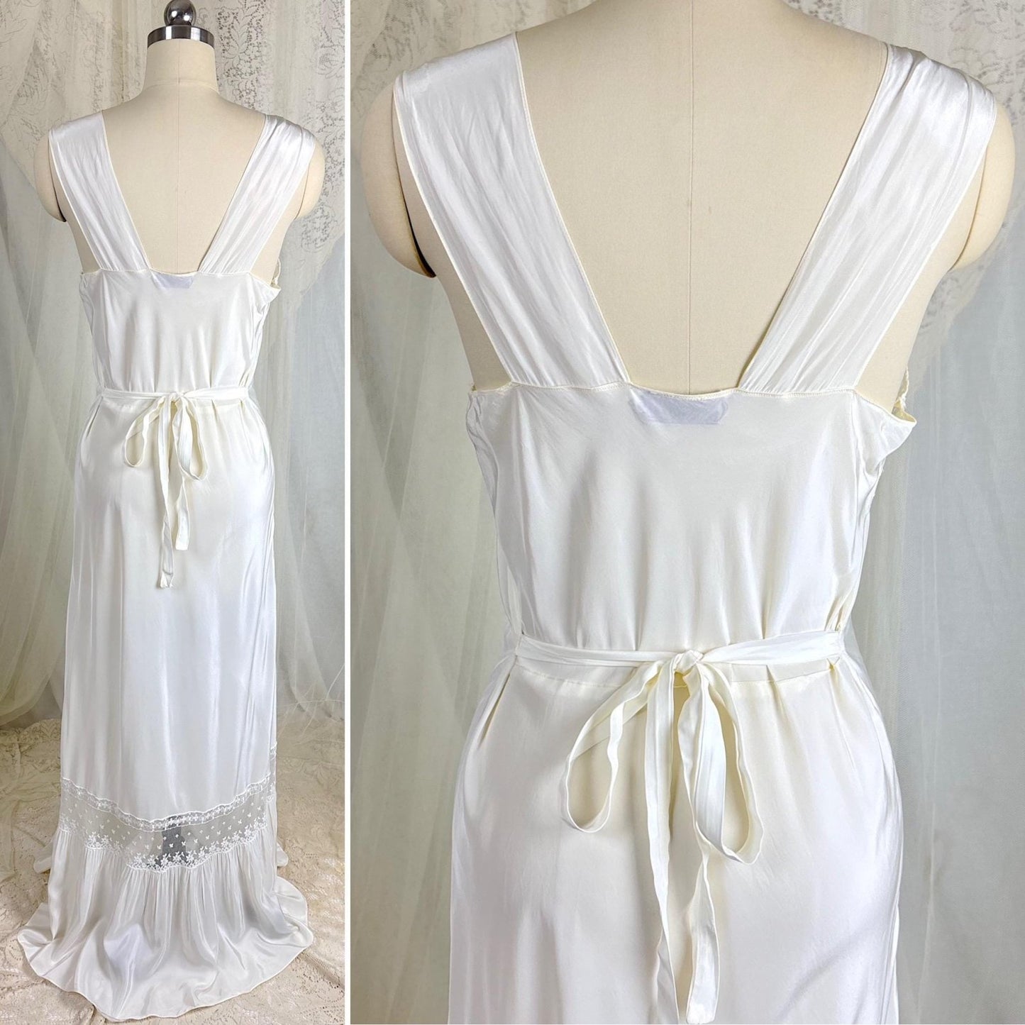 Vintage 1940's Nightgown - White Rayon with Embroidered Tulle & Woven Blue Satin Ribbon - Size S, M - By Aristocraft - Daggers & Dames
