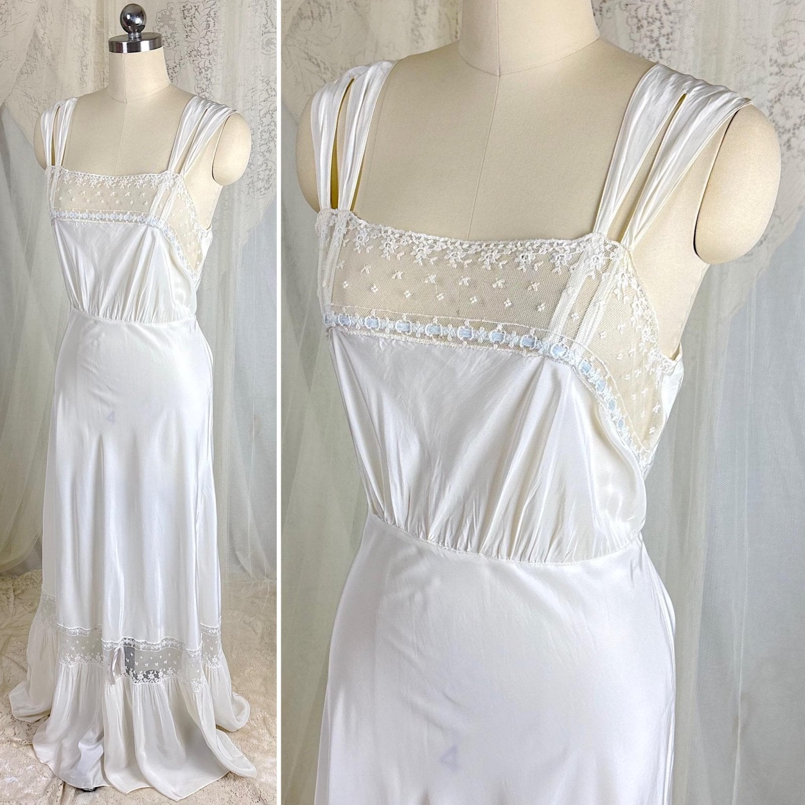 Vintage 1940's Nightgown - White Rayon with Embroidered Tulle & Woven Blue Satin Ribbon - Size S, M - By Aristocraft - Daggers & Dames