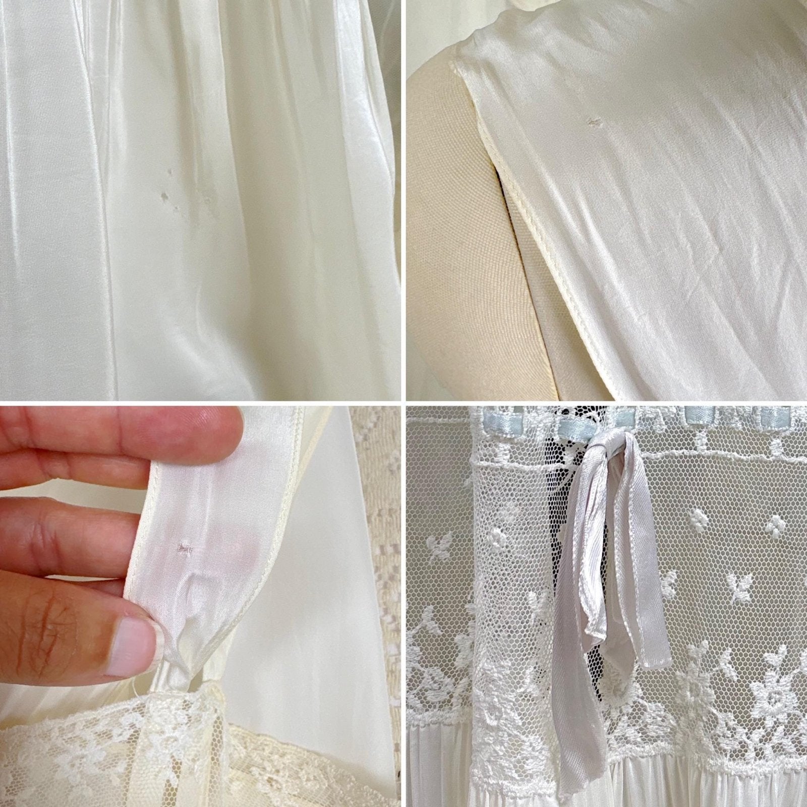 Vintage 1940's Nightgown - White Rayon with Embroidered Tulle & Woven Blue Satin Ribbon - Size S, M - By Aristocraft - Daggers & Dames