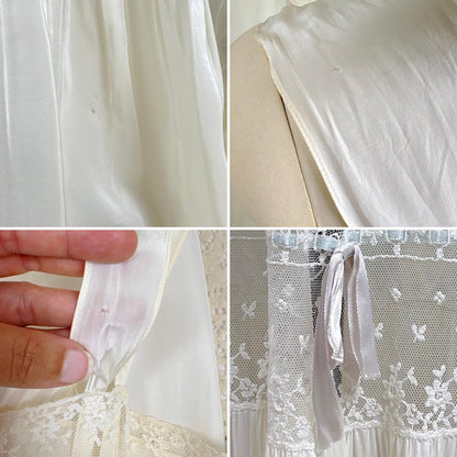 Vintage 1940's Nightgown - White Rayon with Embroidered Tulle & Woven Blue Satin Ribbon - Size S, M - By Aristocraft - Daggers & Dames