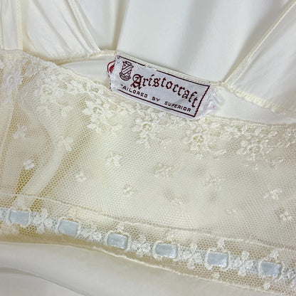 Vintage 1940's Nightgown - White Rayon with Embroidered Tulle & Woven Blue Satin Ribbon - Size S, M - By Aristocraft - Daggers & Dames