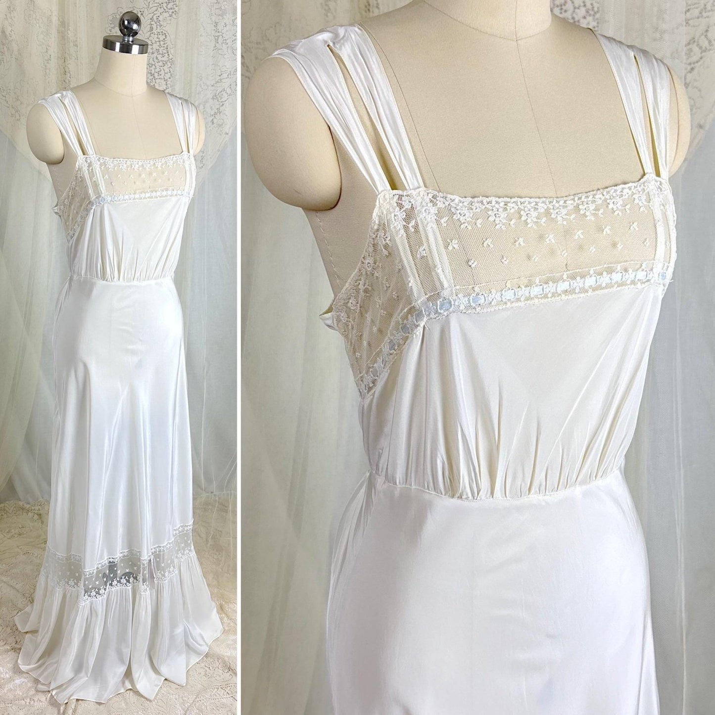 Vintage 1940's Nightgown - White Rayon with Embroidered Tulle & Woven Blue Satin Ribbon - Size S, M - By Aristocraft - Daggers & Dames