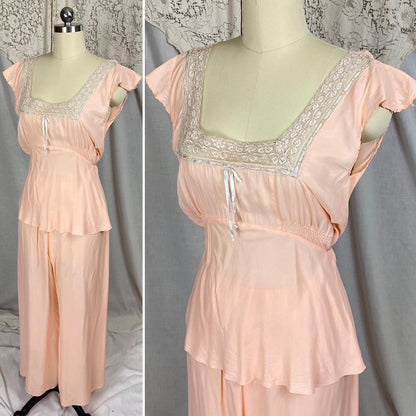 Vintage 1940's Pajama Set | Creamy Rose Pink Rayon with Nude Lace & Blue Silk Ribbon Detail | Size S, M - Daggers & Dames