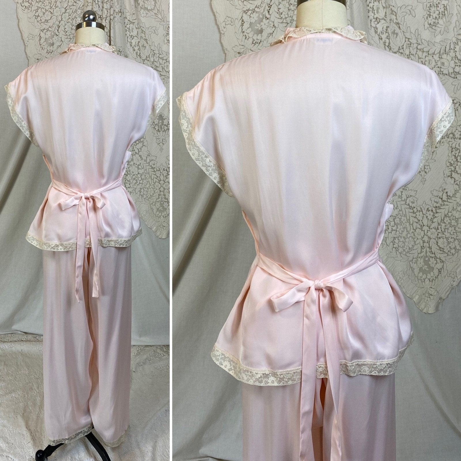 Vintage 1940's Pajama Set | Pale Powder Pink Rayon Satin with Ivory Lace | Size M, LG | Textron - New with Tags - Daggers & Dames