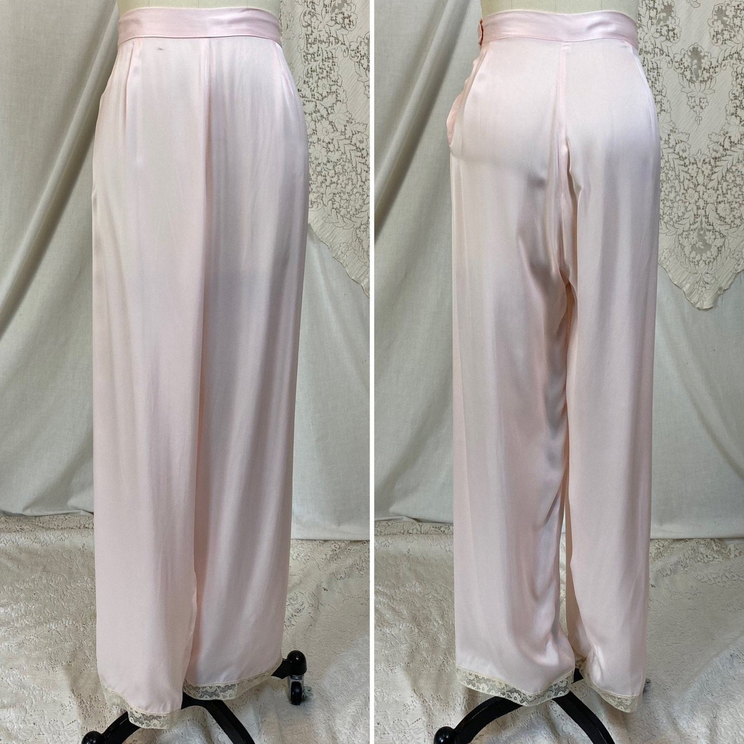 Vintage 1940's Pajama Set | Pale Powder Pink Rayon Satin with Ivory Lace | Size M, LG | Textron - New with Tags - Daggers & Dames