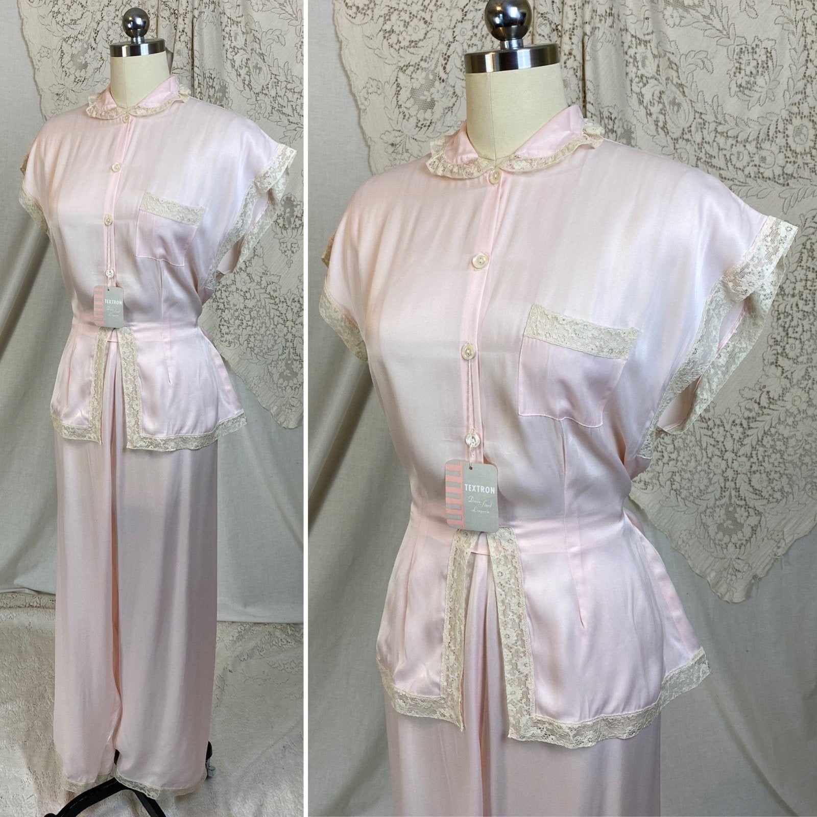 Vintage 1940's Pajama Set | Pale Powder Pink Rayon Satin with Ivory Lace | Size M, LG | Textron - New with Tags - Daggers & Dames
