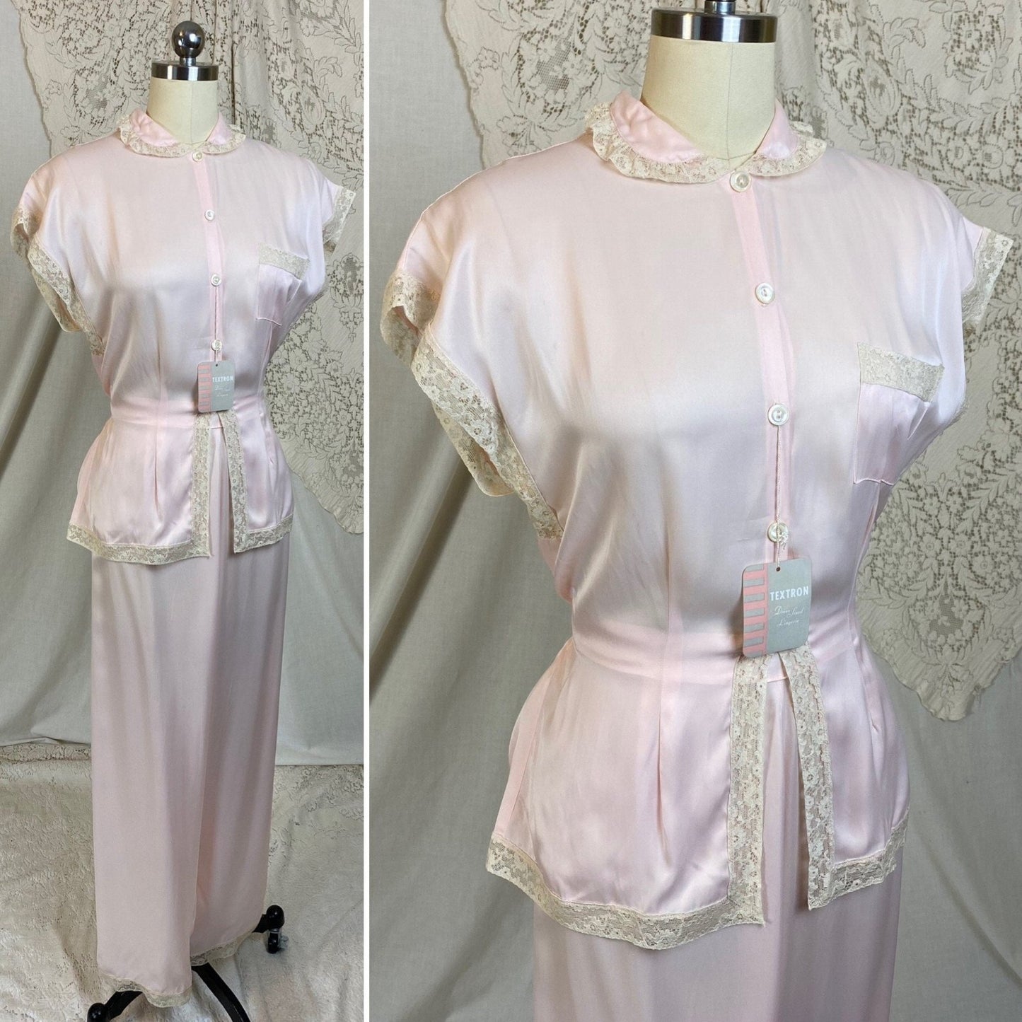 Vintage 1940's Pajama Set | Pale Powder Pink Rayon Satin with Ivory Lace | Size M, LG | Textron - New with Tags - Daggers & Dames