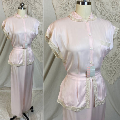 Vintage 1940's Pajama Set | Pale Powder Pink Rayon Satin with Ivory Lace | Size M, LG | Textron - New with Tags - Daggers & Dames