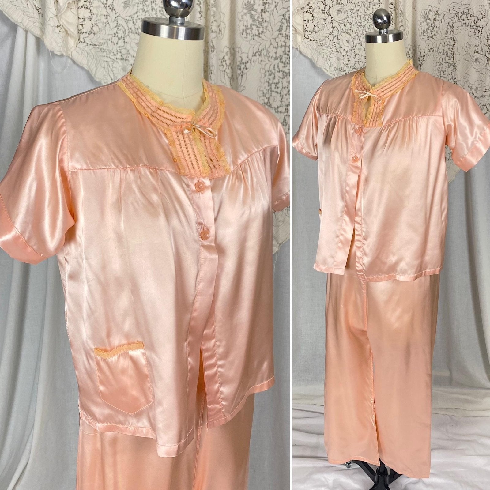 Vintage 1940's Pajama Set | Rosy Pink Rayon Satin with Ruffled Lace & Satin Damask Collar | Size XS, S | Little Miss Dixie - Never Worn - Daggers & Dames
