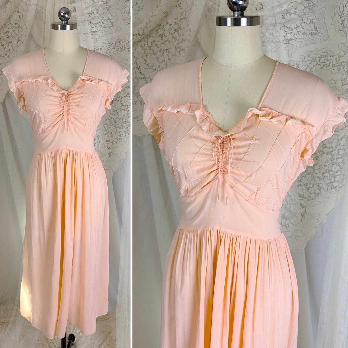 Vintage 1940's Pale Blush Pink Rayon Chiffon Nightgown with Diamond Pin Tuck Detail - Made in Hungary, Size S, M, LG - Daggers & Dames