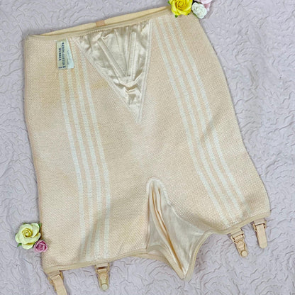 Vintage 1940's Panty Girdle | Peach Rayon Knit with Pink Stripes & Removeable Garters | Size S, M | Never Worn - Daggers & Dames