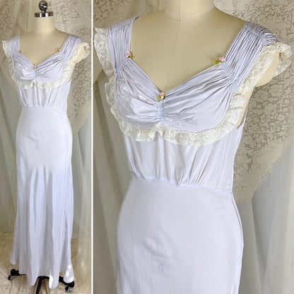 Vintage 1940's Periwinkle Blue Rayon Nightgown with Ruched Detail - By Addison, Size S, M - Daggers & Dames